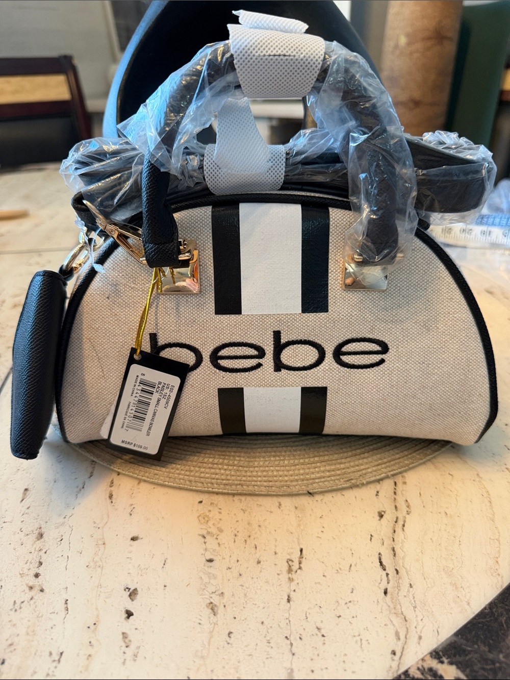 bebe Paisley Sm Canvas Bowler Black Striped Accent & Beige Canvas Cross body